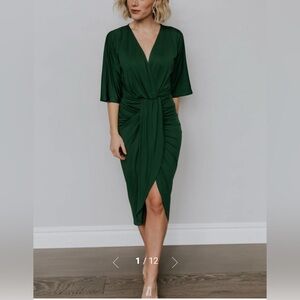 Baltic Born Mimi Midi Dress Hunter Green Ruched Draped V-Neck Size L